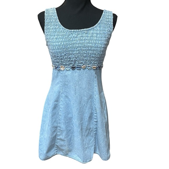 VTG 90s Y2K NOBO Floral Denim Shocked Sleeveless Dress Size 5 - Picture 1 of 15